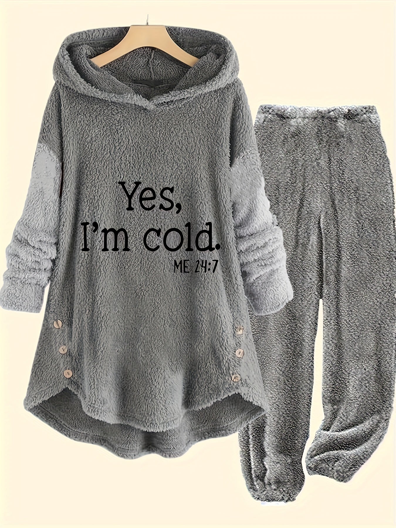 Cozy Women's Gray Fleece Hoodie & Jogger Set - "YES, I'M COLD" Print, Long Sleeves with Button Detail, Casual Polyester Outfit for Fall & Winter, Machine Washable, Jogging Pants